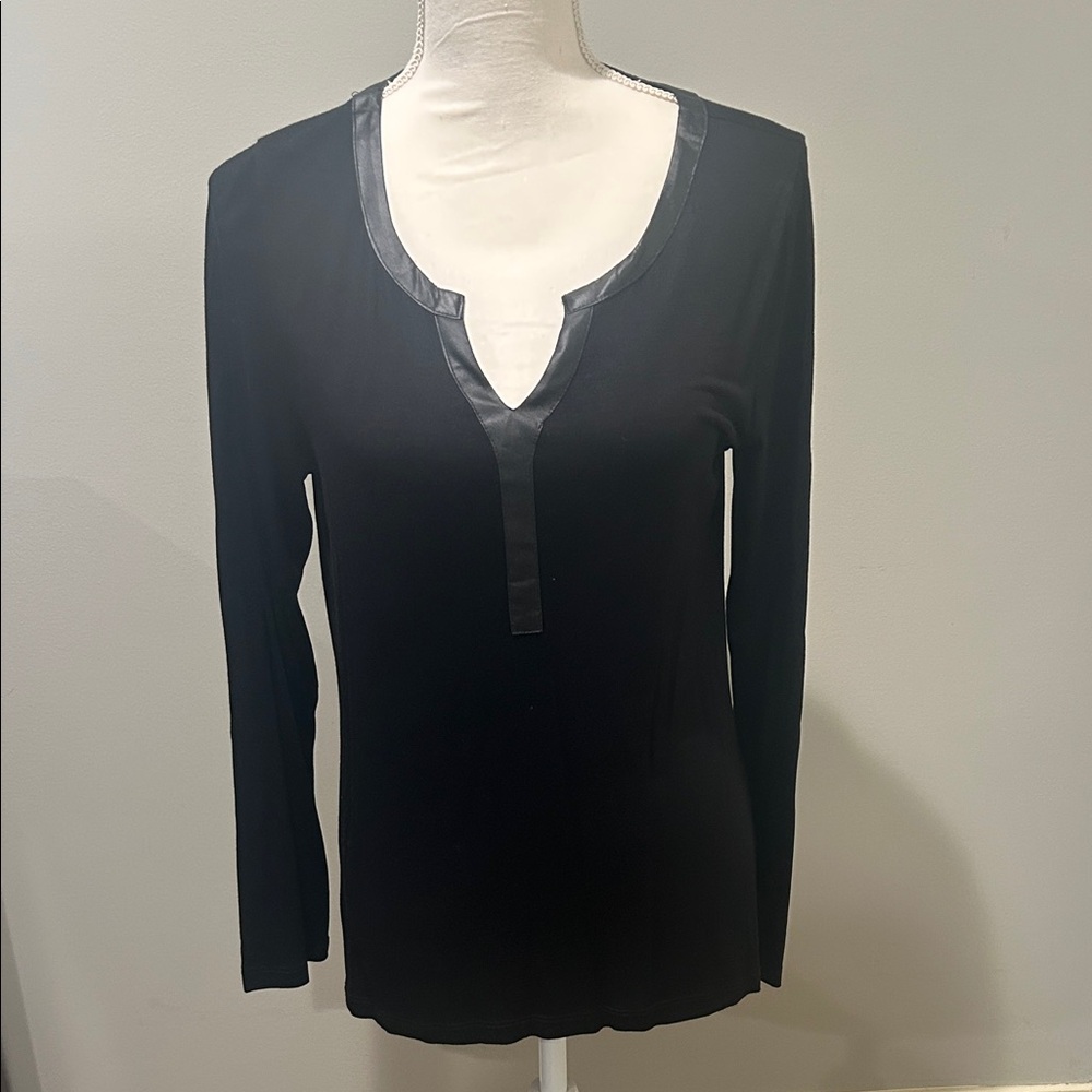 Design History Black Long Sleeve Top with Leather Trim